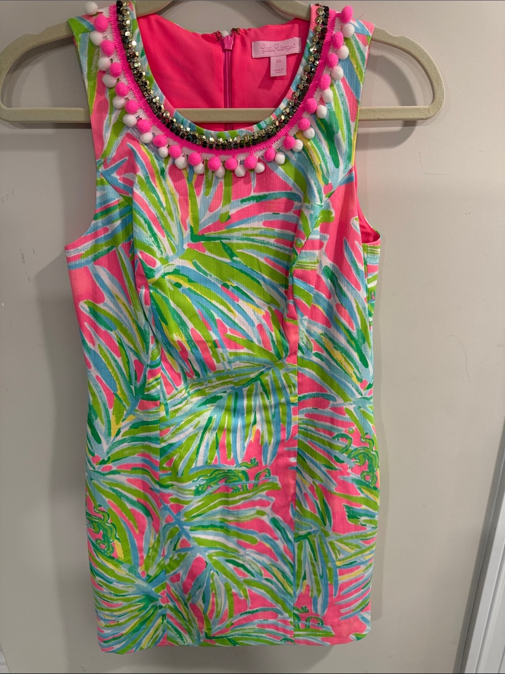Lilly Pulitzer Neon Pink Palm-Print Mini Dress with Embellished Neckline
